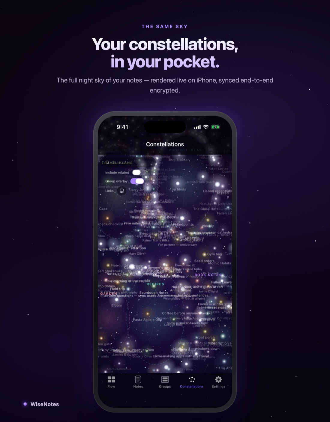 Your constellations, in your pocket — the full night sky of notes rendered live on iPhone