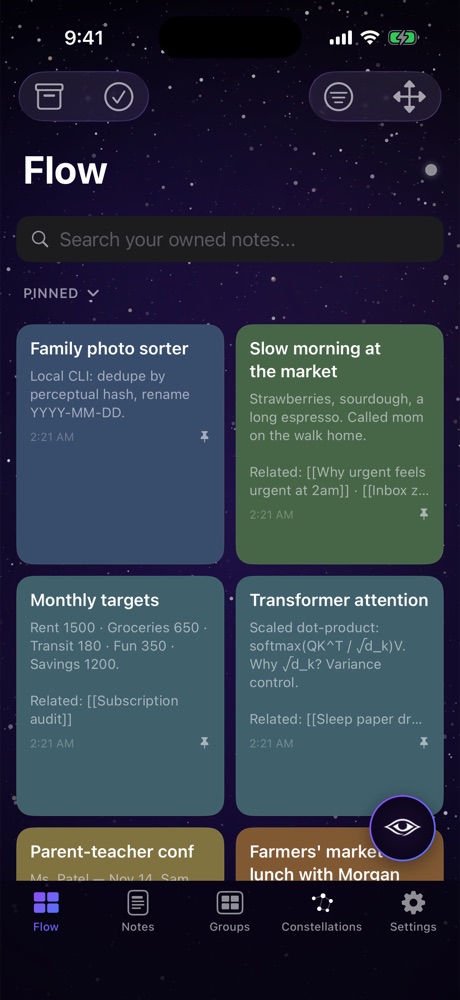 Deep thought, pocket-sized — two iPhones showing Flow capture and the editor with its above-keyboard toolbar